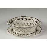 ENGLISH SOFT PASTE BASKET & UNDERPLATE - Stevenson Reticulated Oval Chestnut Basket with Handles &