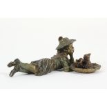 COLD PAINTED AUSTRIAN BRONZE - Girl Lying on Floor with Two Kittens in Basket, unmarked, 3 1/2"