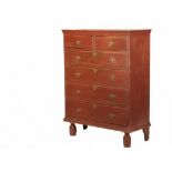 WILLIAM & MARY CHEST OF DRAWERS - Two over Four Drawers, pine in red paint, single plank top and