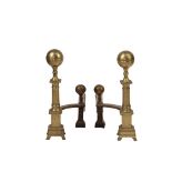 PAIR OF ANDIRONS - 18th c. Brass Andirons, Cannon Ball Top Chippendale with tapered column, square