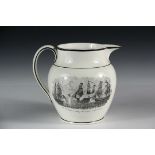 MEDIUM WAR OF 1812 TRANSFER PITCHER - Creamware and Black Pinstriped Liverpool Pitcher with scenes