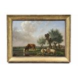 OIL ON PANEL - Pastoral Scene with Cow Watering and Two Sheep Lying at Stream's Edge near cluster of