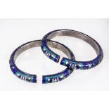 (2) BRACELETS - Pair of Early Hallmarked Chinese Blue and Green Enamel on Silver Rattle Bracelets,