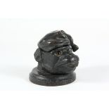 FRENCH BRONZE INKWELL - Zoomorphic Inkwell in the form of a Monkey Head in a hinged Nightcap, with