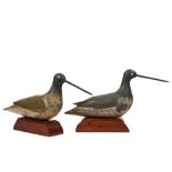 PAIR OF DECOYS - 19th c. New York Marbled Godwit Decoys with early mahogany integral stands, glass