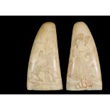 (2) SCRIMSHAWN WHALES TEETH - Circa 1880, decorated with a Woman Sidesaddle on a Horse in front of a