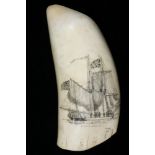 SCRIMSHAWN WHALE'S TOOTH - English or American, circa 1930, double-sided, the obverse has a vertical