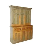 FINE MAINE STEPBACK CUPBOARD - Paneled Country Cupboard in grey-green painted pine, having a