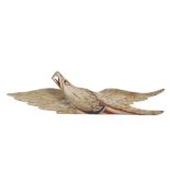 BELLAMY EAGLE CARVING - Early 20th c. carved and painted wood spreadwing eagle, in red, white and