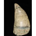 POLYCHROME SCRIMSHAWN WHALE'S TOOTH - American, circa 1850, depicting a merchant ship with false