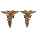 PAIR OF EAGLE CARVINGS - A Pair of Folk Art High Relief Chip Carved Plaques of Spreadwing Eagles, in