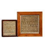 (2) SMALL FRAMED SAMPLERS - Both early 19th c., wool on linen, probably New England, the larger with