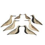 FLOCK OF SHOREBIRD DECOYS - Cape Cod Carved and Painted Wood Flattie Decoys, six Sandpipers and