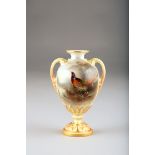 Royal Worcester vase, twin handled baluster form, hand painted with pheasants signed James