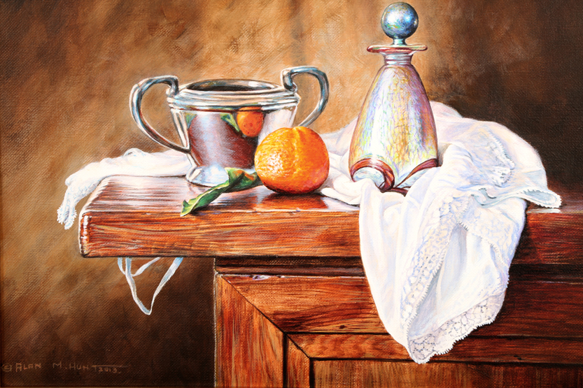 Alan M. Hunt ARR, Framed oil on canvas, signed and dated 2013, ‘Still Life, iridescent scent bottle,