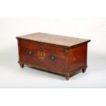 Early Victorian pine blanket box, hinged top, hand painted initials JJJ dated 1840. 122cm long