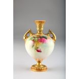 Royal Worcester vase, twin handled spherical form with elongated neck, hand painted with mixed