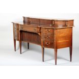 Regency style mahogany inlaid serpentine fronted sideboard tambour top over long drawer, flanked