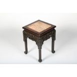 Chinese carved hardwood jardinière stand, square top with rouge marble insert, carved and pierced