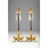 Pair 19th Century bronze and ormolu lustre candlesticks, with tear drop crystal prisms, bronze