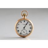 Gents 9 carat gold pocket watch, enamelled dial with seconds subsidiary dial, Roman numerals by