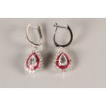 Pair of Ladies Diamond and Ruby Pear Drop Earrings