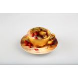 Royal Worcester coffee cup and saucer, decorated with hand painted fallen fruit, signed GH Cole date