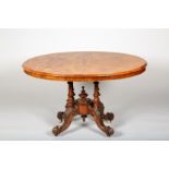 Victorian inlaid walnut centre table, fine oval top attached to a four tapering pillared pedestal