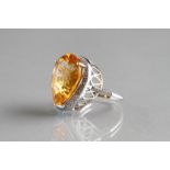 Ladies 14K white gold citrine ring, approx. 13 carat pear shaped citrine surrounded by diamonds (