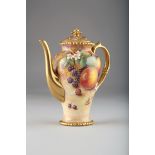 Royal Worcester blank artist signed coffee pot, hand painted with autumn fallen fruit 1980, 21cm