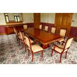 Harrods Dining suite, lacquer walnut finish with applied gilt metal mounts, the suite consists off a