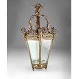 Victorian hexagonal brass and copper glazed light fitting. 64cm high
