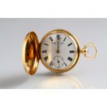 Gents 18 carat gold Hunter pocket watch, enamel dial with Roman numerals seconds subsidiary dial