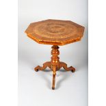 Victorian marquetry pedestal table, octagonal top, geometric design in assorted woods, turned