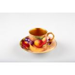 Royal Worcester coffee cup and saucer, decorated with hand painted fallen fruit, signed Price and