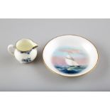 Royal Worcester pin dish, hand painted yacht at sea, signed Rushton, date coded 1922, 10cm