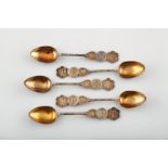 Set of five Chinese silver tea spoons, bamboo moulded stems with a trio of flattened disc with