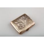 Chinese silver export cigarette case, decorated with applied four toed dragon. 8.5cm long 7.5cm wide