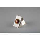 Silver Art Deco triangular napkin ring, with Royal Worcester roundel hand painted with fruit