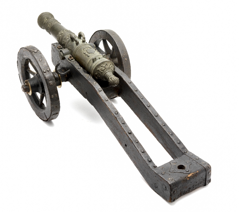 A BRONZE SALUTING CANNON, LATE 17TH CENTURY with tapering multi-stage barrel, strongly moulded
