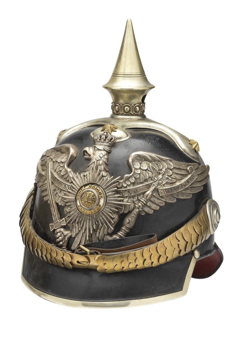 A PRUSSIAN MITRE CAP, CIRCA 1894-6; A LEATHER HELMET AND AN EPAULETTE, 19TH CENTURY the first: faced - Image 2 of 2