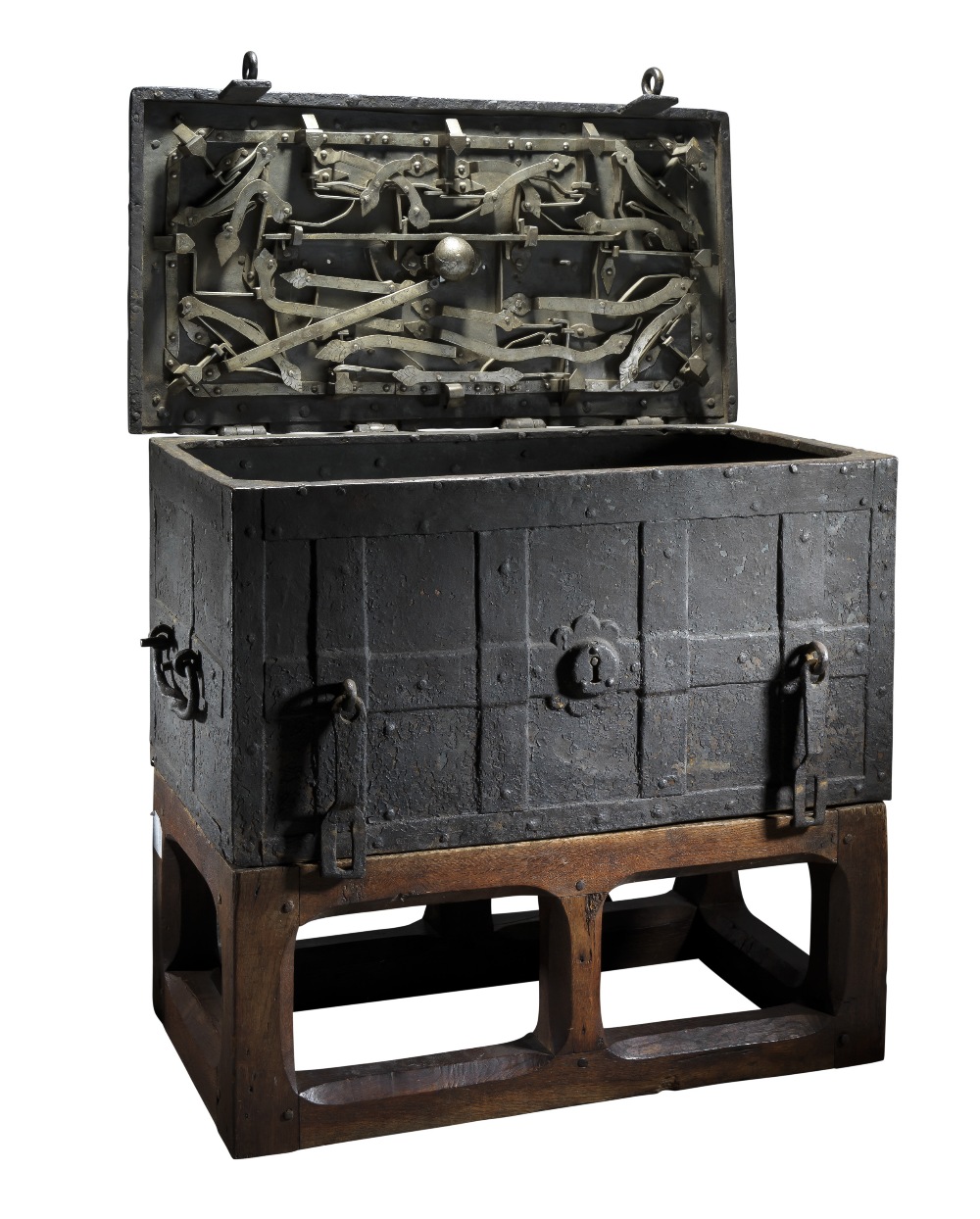 a german iron strong box, late 17TH/18TH century formed of a series of large iron plates overlaid