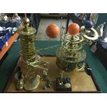 Tray of electric brass mechanical Orrey, brass mining ornament, aeroplane etc.