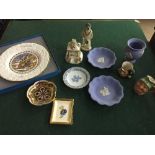 Basket of Wedgwood jasper ware, Royal Crown Derby dish, Coalport The summer house,