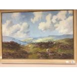 Lewis Creighton : Sheep in heather on a moorland, oil on board, signed, framed.