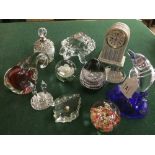 Tray of glass paperweights, glass figures, perfume bottle,