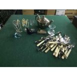 Box of miscellaneous cutlery, crested spoons, glass bird figures, Victorian glass,