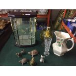 Maling floral jug, glass vases, miniature curio cabinet,