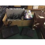 Box of Playstation, PS2, remote control toy, Samsung dvd recorder, Goodmans freeview box etc.