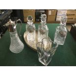 Tray of cut glass claret jug, vase,
